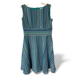 Beautiful Teal & Blue Textured Stripe Fit-and-Flare Dress